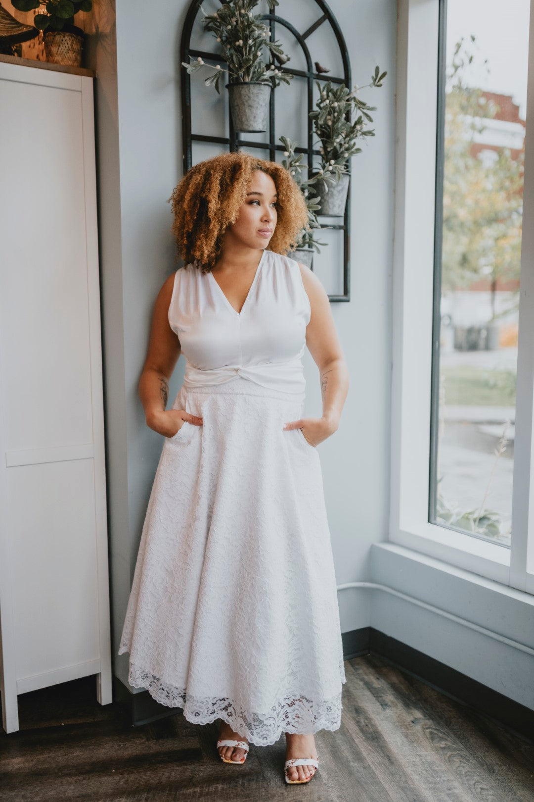 Casual wedding dress look with white skirt. Made in Ottawa