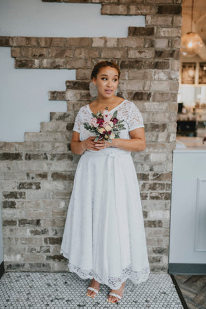 Casual wedding dress look with white skirt. Made in Ottawa