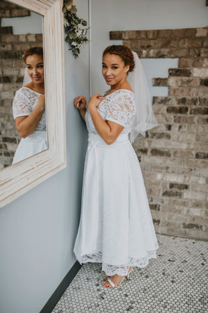 Casual wedding dress look with white skirt. Made in Ottawa