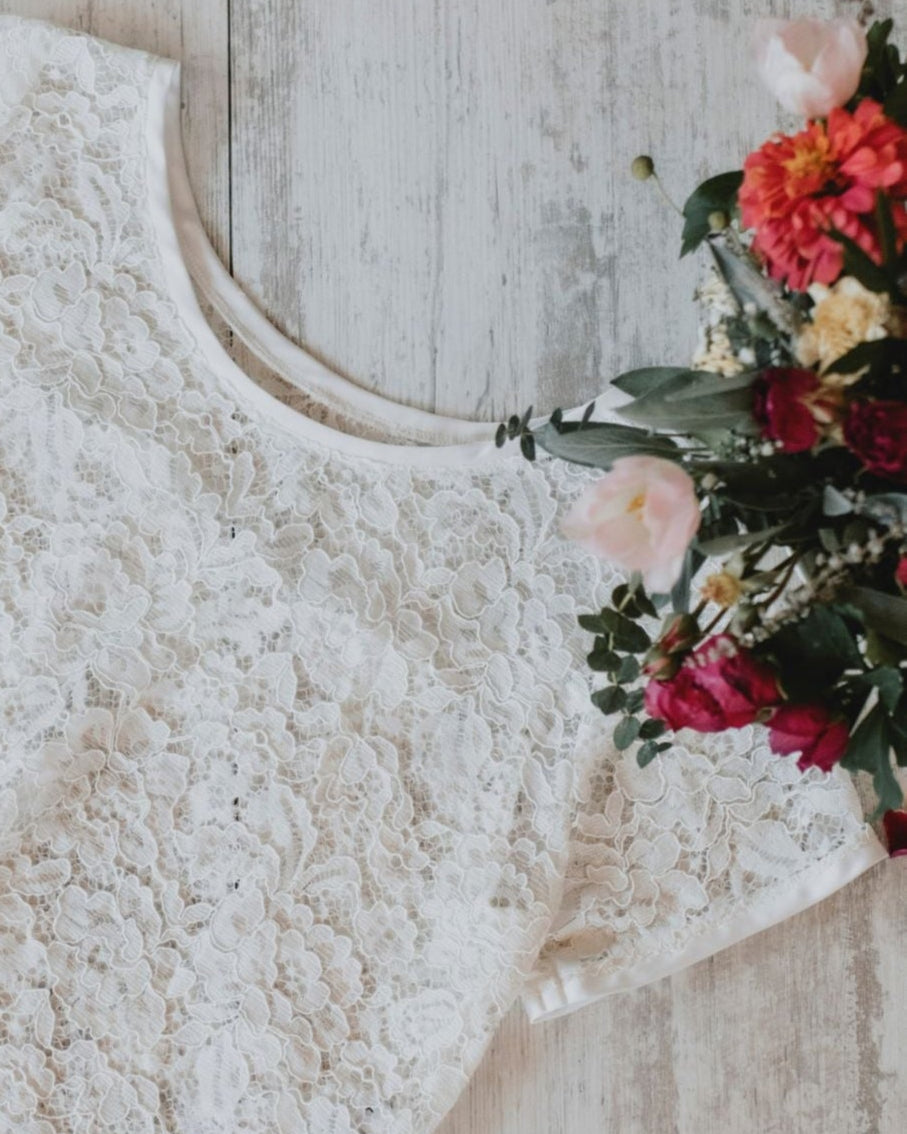 Bridal lace cover up with sleeves. Made in Ottawa