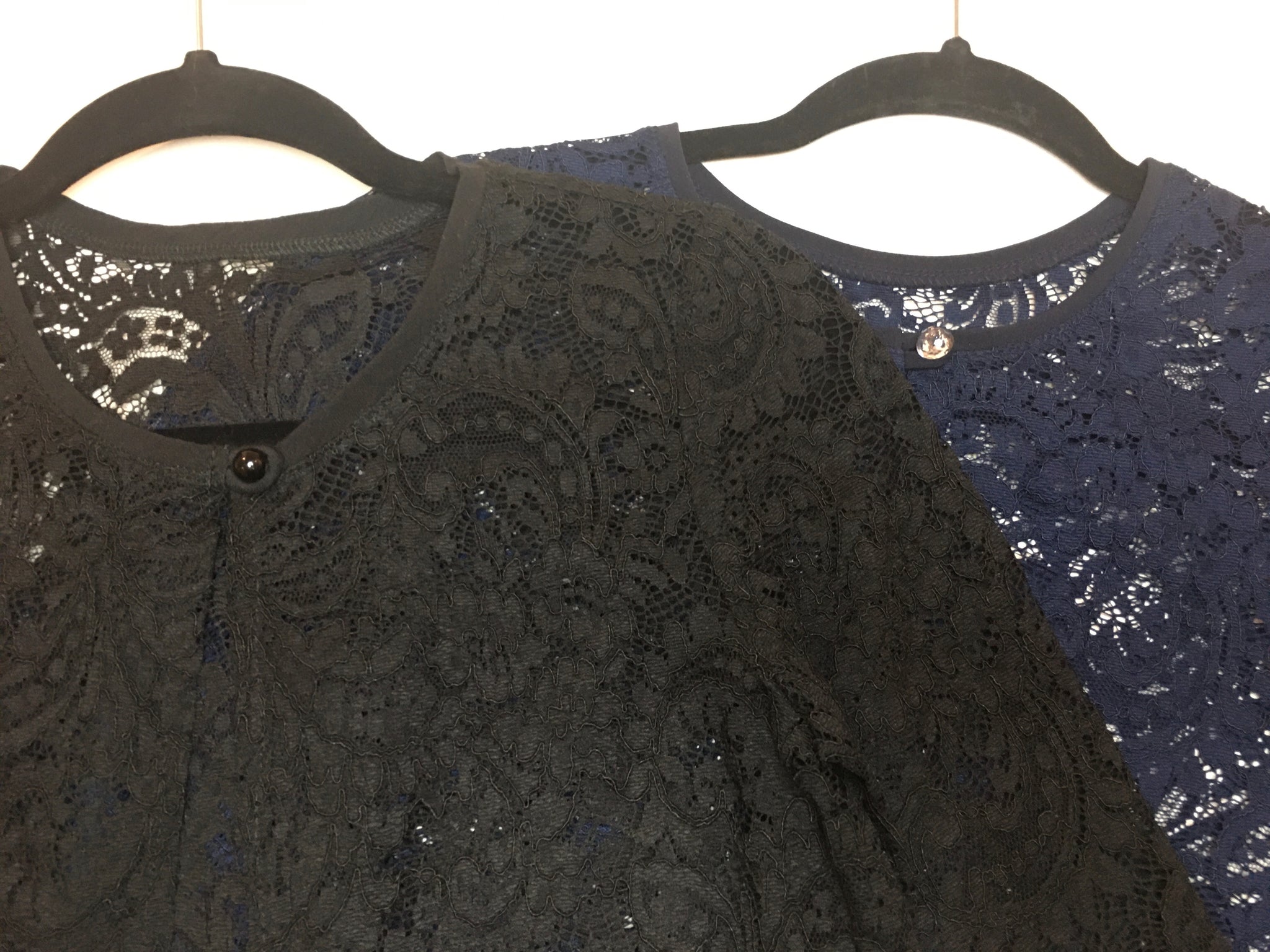 Betty jackets in black and navy. We like to use end of line or upcycled buttons so your button may not be as pictured!