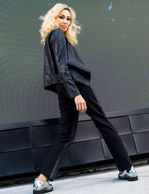 Model wears black leatherette Fine Faye jacket with black leatherette Kissin Pants. Photo by Michael Scott