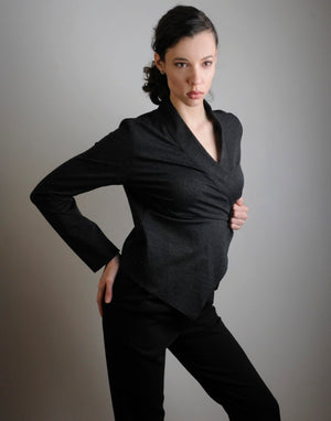 Charcoal Faye Sweater Jacket. Model wears XS and is 5'11" tall. She is wearing Tucks pant in black.