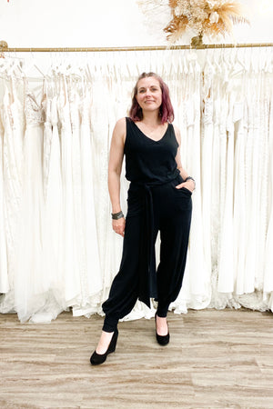 Blake jumpsuit in black Tencel Cotton jersey. Sash not included.